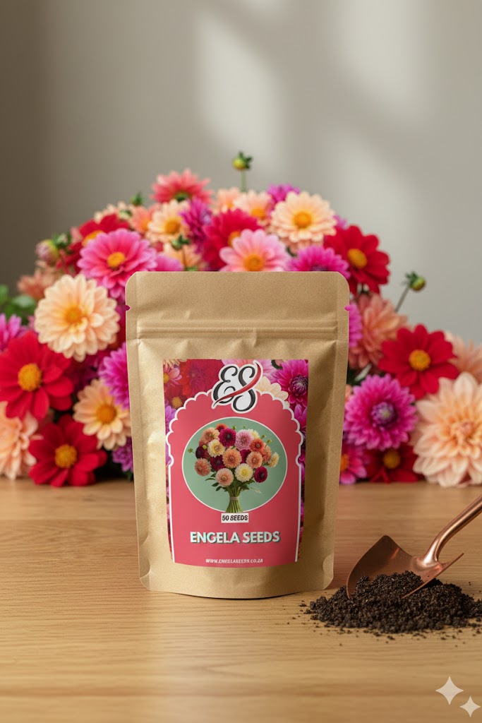 Mixed Dahlia Seed Collection Engela Seeds flower seed mix in a kraft pouch on a wooden surface with colourful flowers in the background
